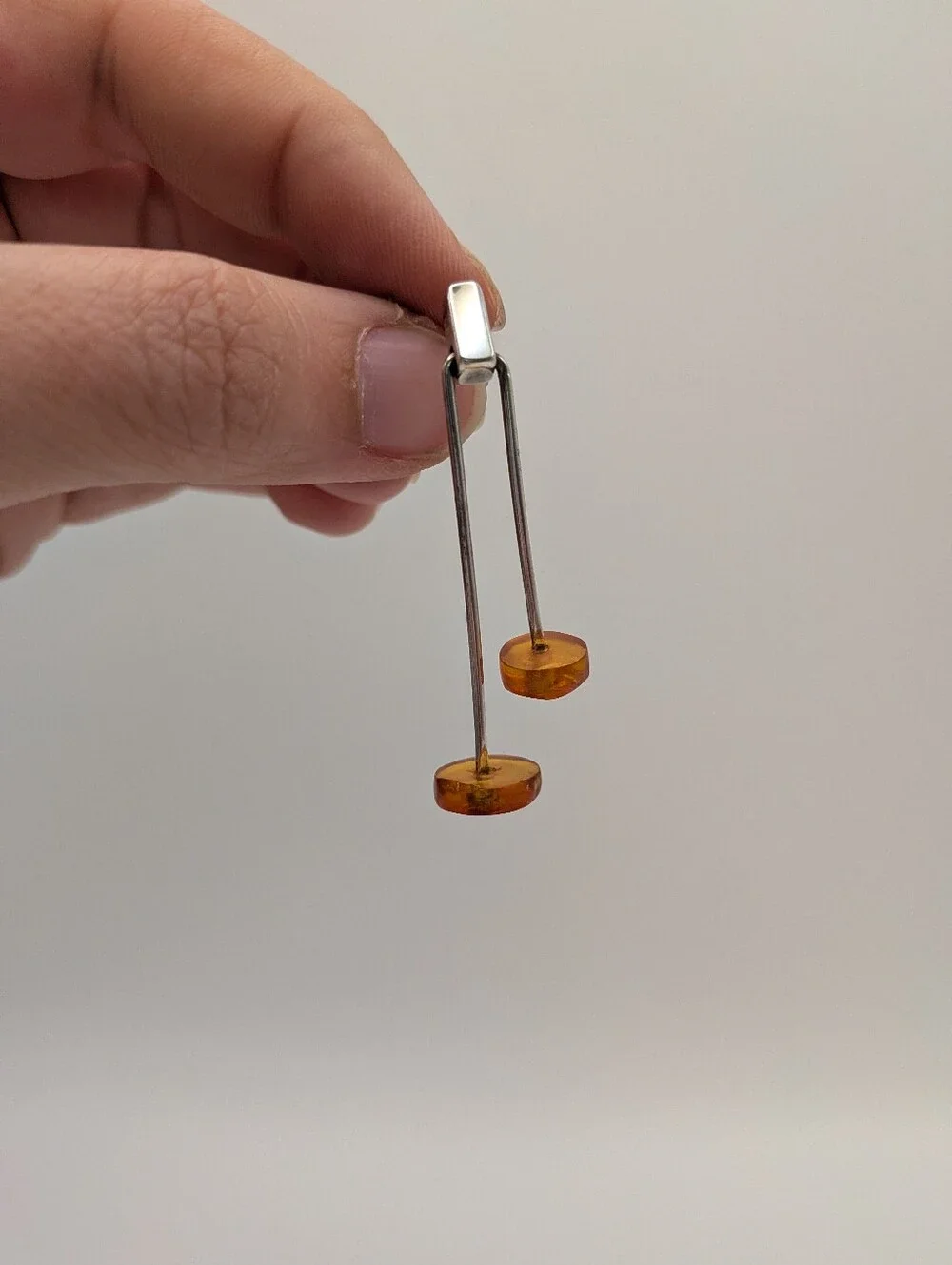 Vintage Sterling 925 Silver Amber Beaded Drop Modernist Minimalist Earrings